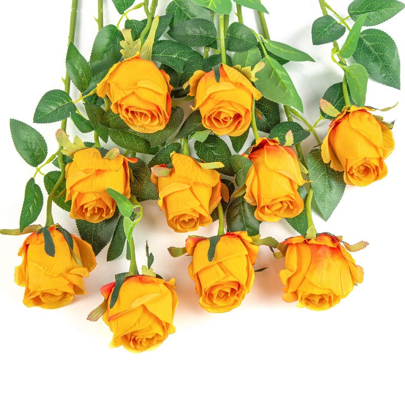 Flojery 10pcs Artificial Rose Flowers Long Stem Fake Silk Roses for DIY Wedding Bouquet Table Centerpiece Home Decor (Orange) - Image 1